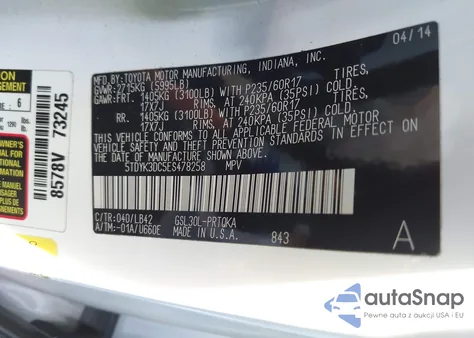 2014 Toyota Sienna Xle V6 8 Passenger из США, поврежденный, VIN 5TDYK3DC5ES478258